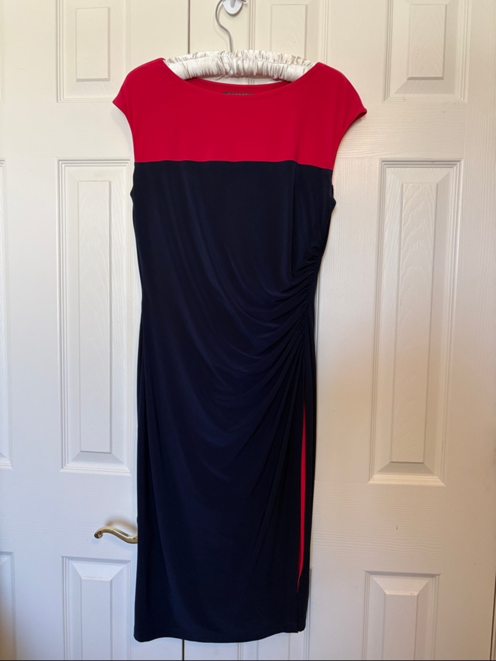 Ralph Lauren Red and Navy Cap-Sleeve Ruched Sheath Dress